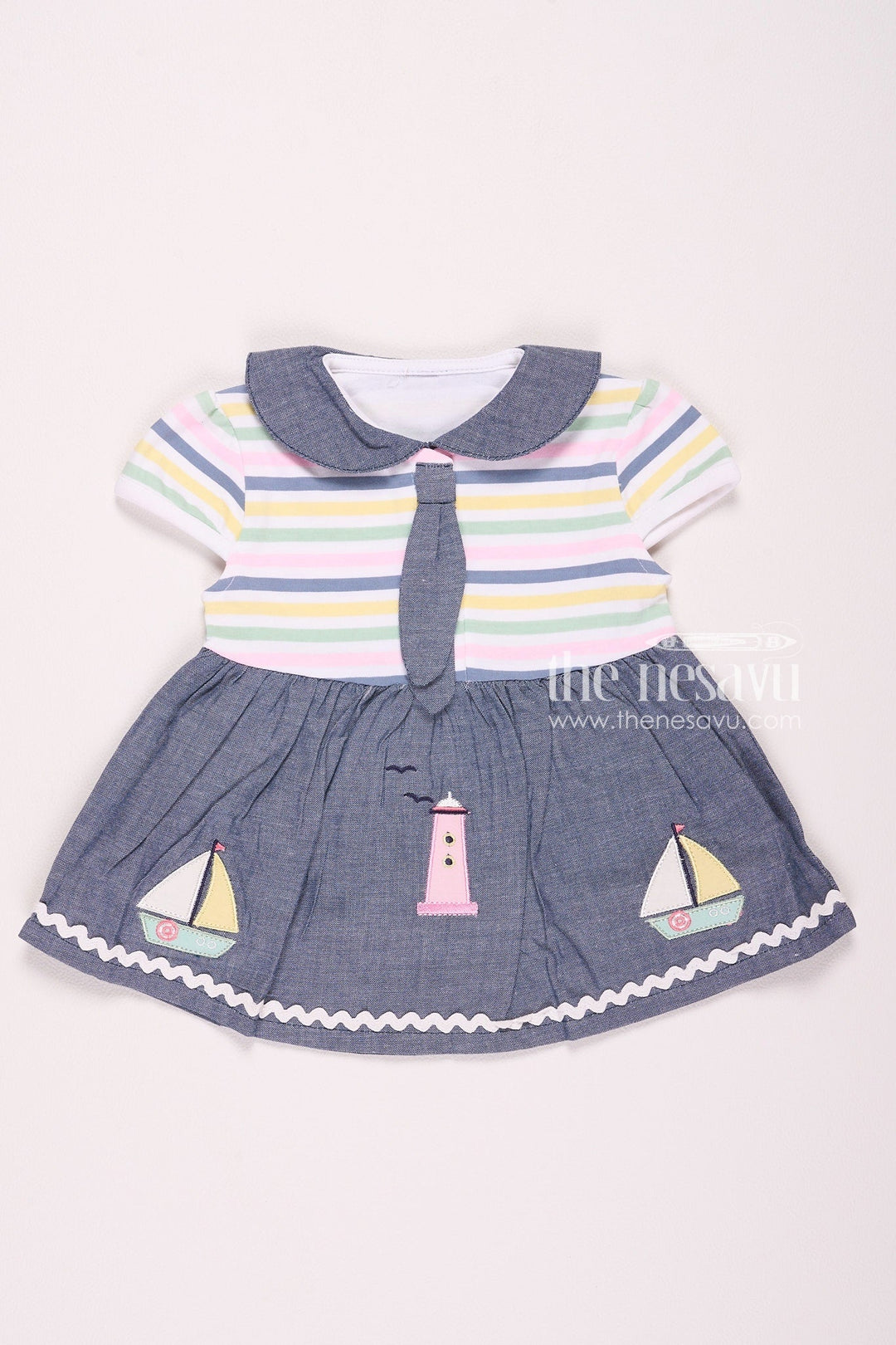 The Nesavu Baby Cotton Frocks Navy and Striped Nautical Baby Girl Dress Nesavu 10 (NB) / Blue BFJ571A-10 Navy and Striped Nautical Baby Girl Dress - Cute & Comfortable