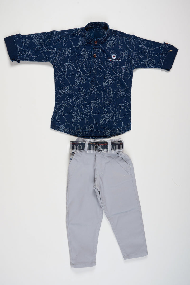 The Nesavu Boys Casual Set Navy Blue and Beige Boys 2-Piece Casual Set with Floral Print, Flax Cotton Blend Outfit for Special Occasions Nesavu Nesavu Boys 2-Piece Casual Set Floral Print Navy Blue Shirt Beige Pants Flax Cotton Blend Special Occasions