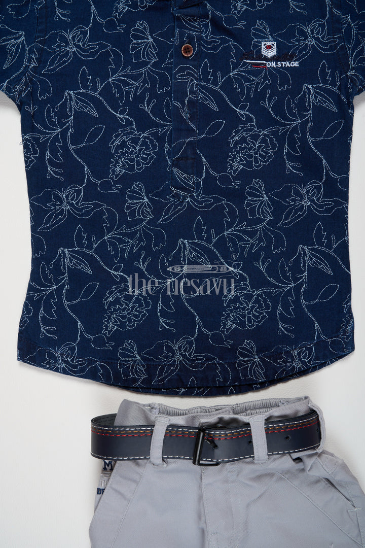 The Nesavu Boys Casual Set Navy Blue and Beige Boys 2-Piece Casual Set with Floral Print, Flax Cotton Blend Outfit for Special Occasions Nesavu Nesavu Boys 2-Piece Casual Set Floral Print Navy Blue Shirt Beige Pants Flax Cotton Blend Special Occasions