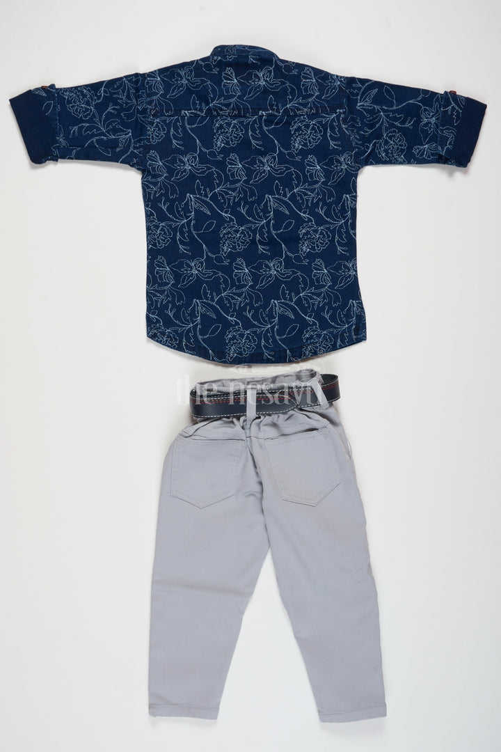 The Nesavu Boys Casual Set Navy Blue and Beige Boys 2-Piece Casual Set with Floral Print, Flax Cotton Blend Outfit for Special Occasions Nesavu Nesavu Boys 2-Piece Casual Set Floral Print Navy Blue Shirt Beige Pants Flax Cotton Blend Special Occasions