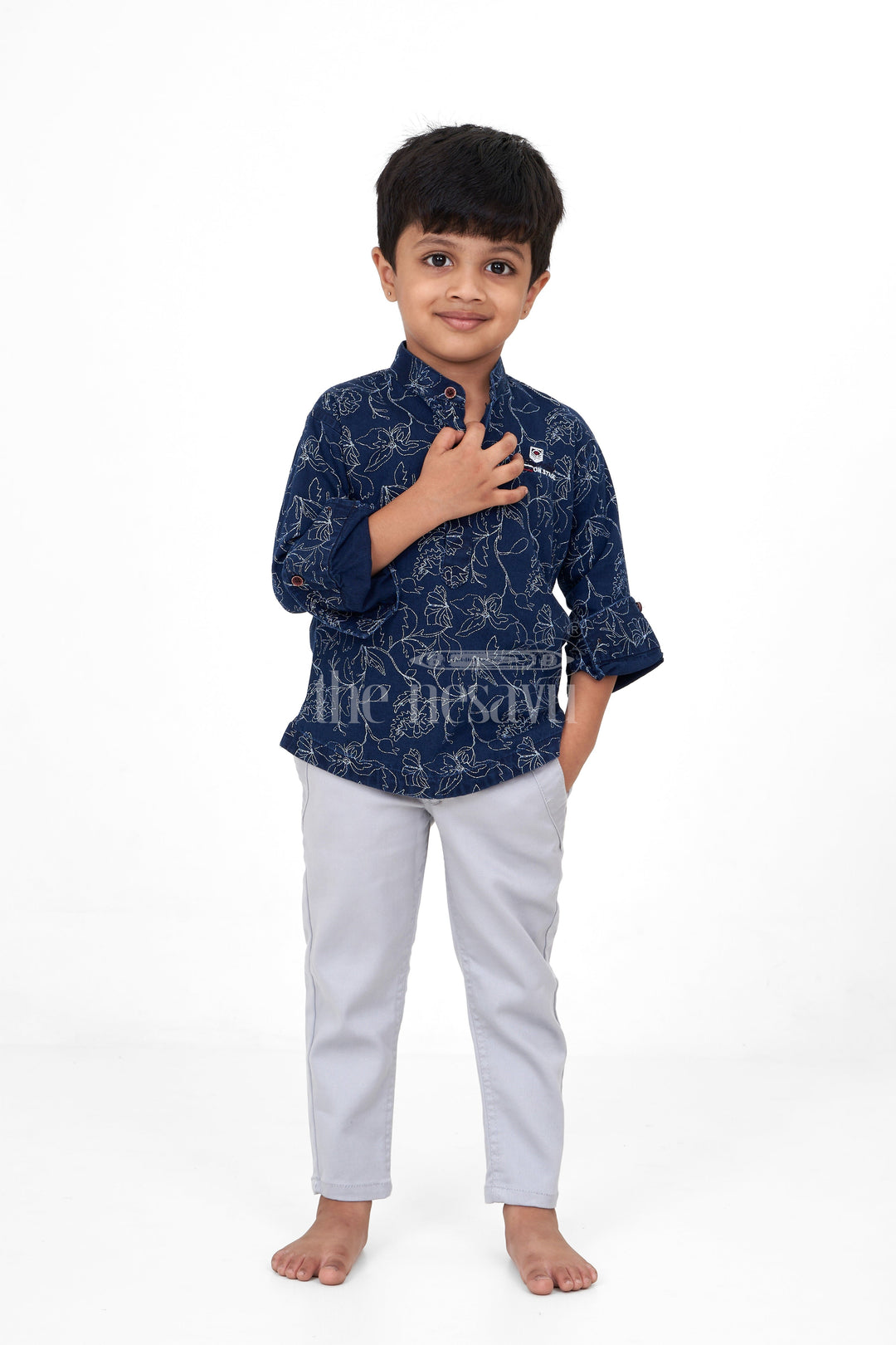 The Nesavu Boys Casual Set Navy Blue and gray Boys 2-Piece Casual Set with Floral Print, Flax Cotton Blend Outfit for Special Occasions Nesavu 16 (1Y) / Gray BCS173A-16 Nesavu Boys 2-Piece Casual Set Floral Print Navy Blue Shirt Gray Pants Flax Cotton Blend Special Occasions