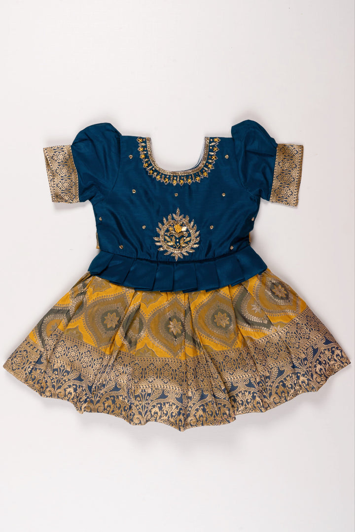 The Nesavu Silk Party Frock Navy Blue and Mustard Zari Embroidered Silk Frock - Traditional Luxury for Girls Nesavu 16 (1Y) / Yellow / Silk SF742A-16 Traditional Navy & Mustard Silk Frock | Girls' Zari Embroidered Dress | The Nesavu