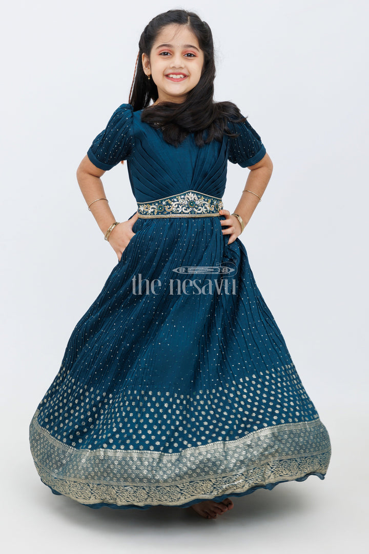 The Nesavu Girls Silk Gown Navy Blue Blend Silk Designer Gown with Gold Foil Print Nesavu 24 (5Y) / Blue GA241B-24 Navy Blue Blend Silk Designer Gown with Gold Foil Print - Nesavu