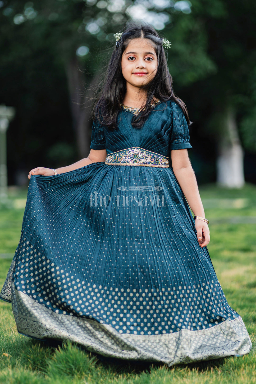 The Nesavu Girls Silk Gown Navy Blue Blend Silk Designer Gown with Gold Foil Print Nesavu 24 (5Y) / Blue GA241B-24 Navy Blue Blend Silk Designer Gown with Gold Foil Print - Nesavu