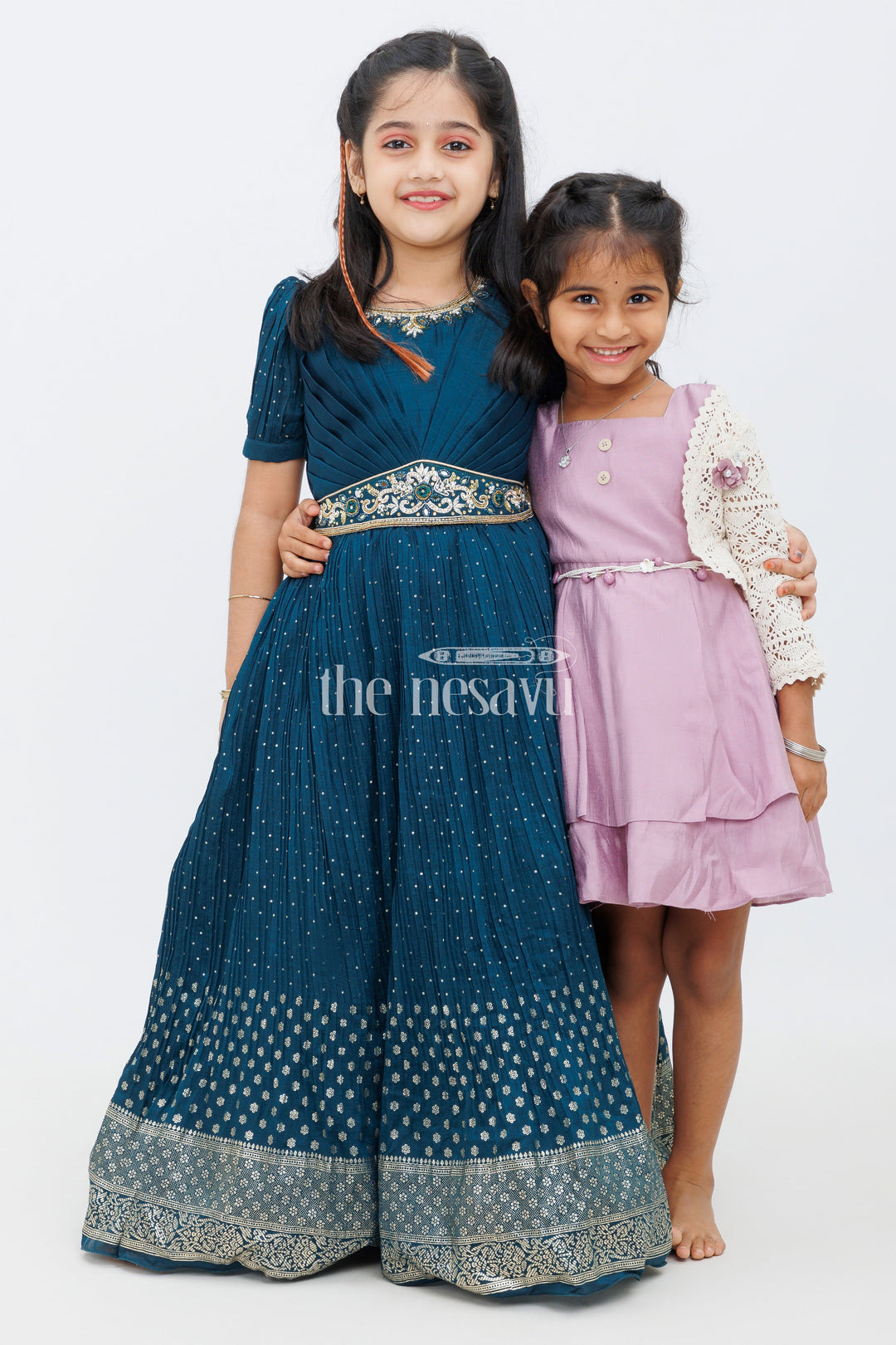 The Nesavu Girls Silk Gown Navy Blue Blend Silk Designer Gown with Gold Foil Print Nesavu Navy Blue Blend Silk Designer Gown with Gold Foil Print - Nesavu