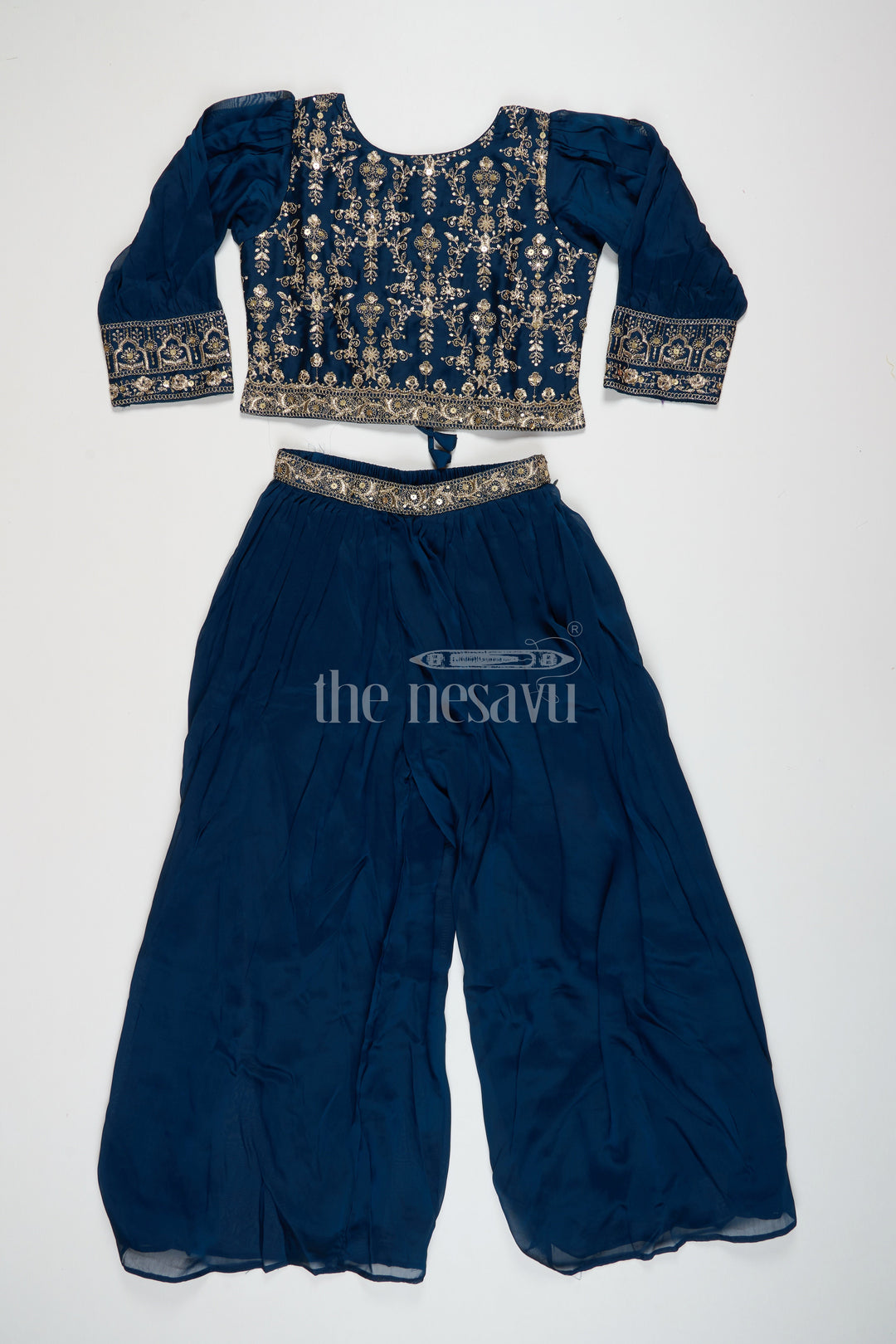 The Nesavu Girls Sharara / Plazo Set Navy Blue Chinon Silk Sharara Set with Embroidery Nesavu 18 (2Y) / Blue GPS379A-18 Navy Blue Chinon Silk Sharara Set with Embroidery - Nesavu