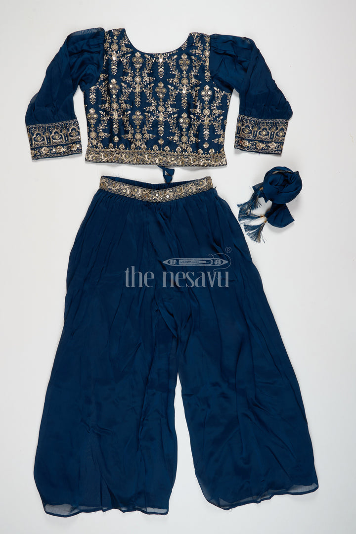 The Nesavu Girls Sharara / Plazo Set Navy Blue Chinon Silk Sharara Set with Embroidery Nesavu Navy Blue Chinon Silk Sharara Set with Embroidery - Nesavu