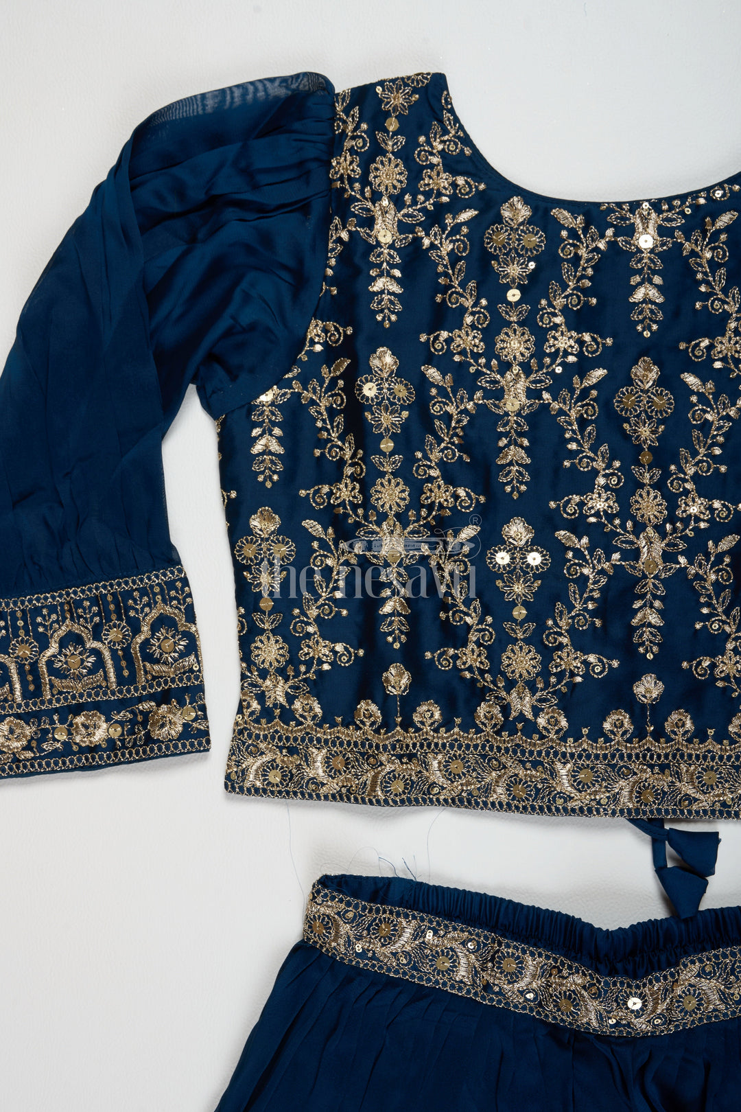 The Nesavu Girls Sharara / Plazo Set Navy Blue Chinon Silk Sharara Set with Embroidery Nesavu Navy Blue Chinon Silk Sharara Set with Embroidery - Nesavu