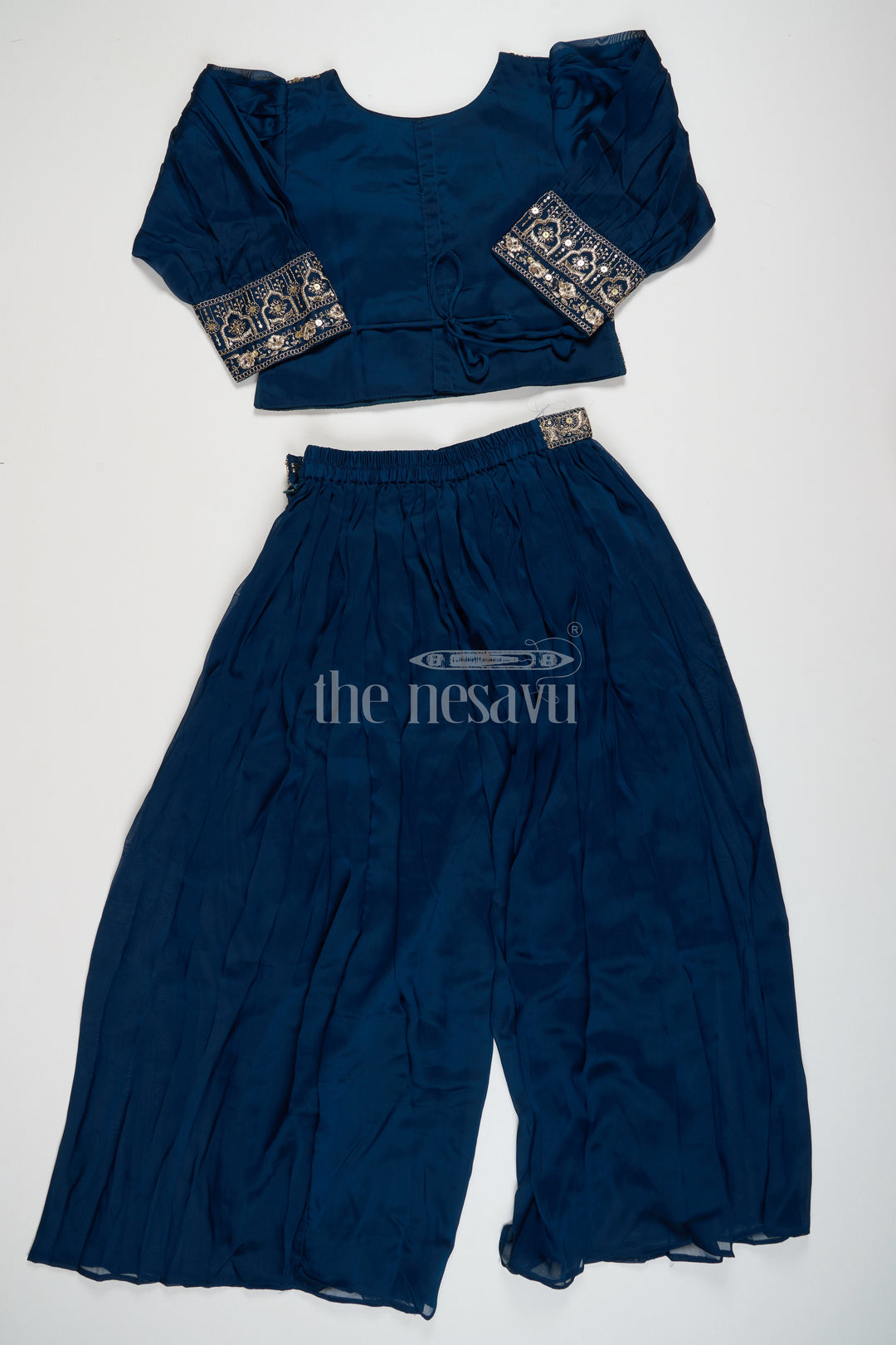 The Nesavu Girls Sharara / Plazo Set Navy Blue Chinon Silk Sharara Set with Embroidery Nesavu Navy Blue Chinon Silk Sharara Set with Embroidery - Nesavu