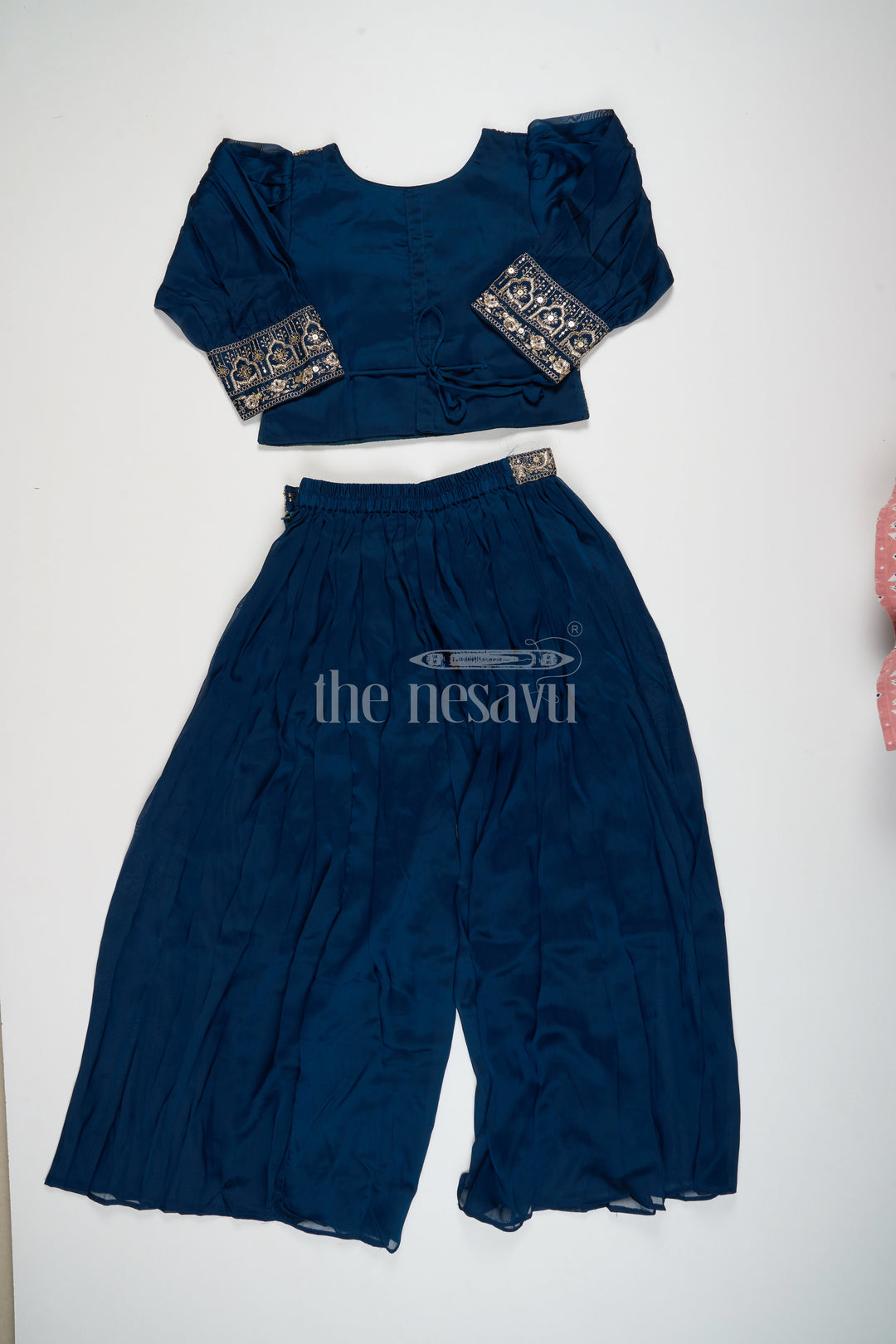 The Nesavu Girls Sharara / Plazo Set Navy Blue Chinon Silk Sharara Set with Embroidery Nesavu Navy Blue Chinon Silk Sharara Set with Embroidery - Nesavu