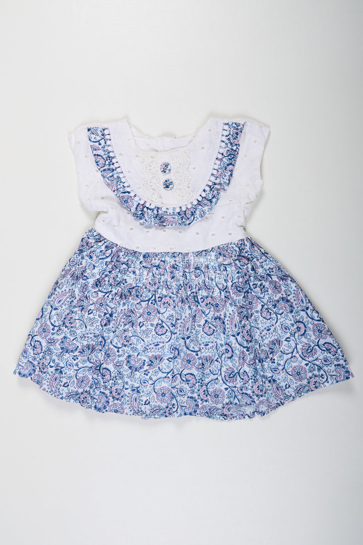 The Nesavu Baby Cotton Frocks Navy Blue Frock for Baby Girls with Hakoba Lace Yoke and Printed Cotton Flared Skirt Nesavu 12 (3M) / Blue BFJ781A-12 Navy Blue Frock Baby Girls Printed Cotton Skirt Hakoba Lace Yoke | The Nesavu