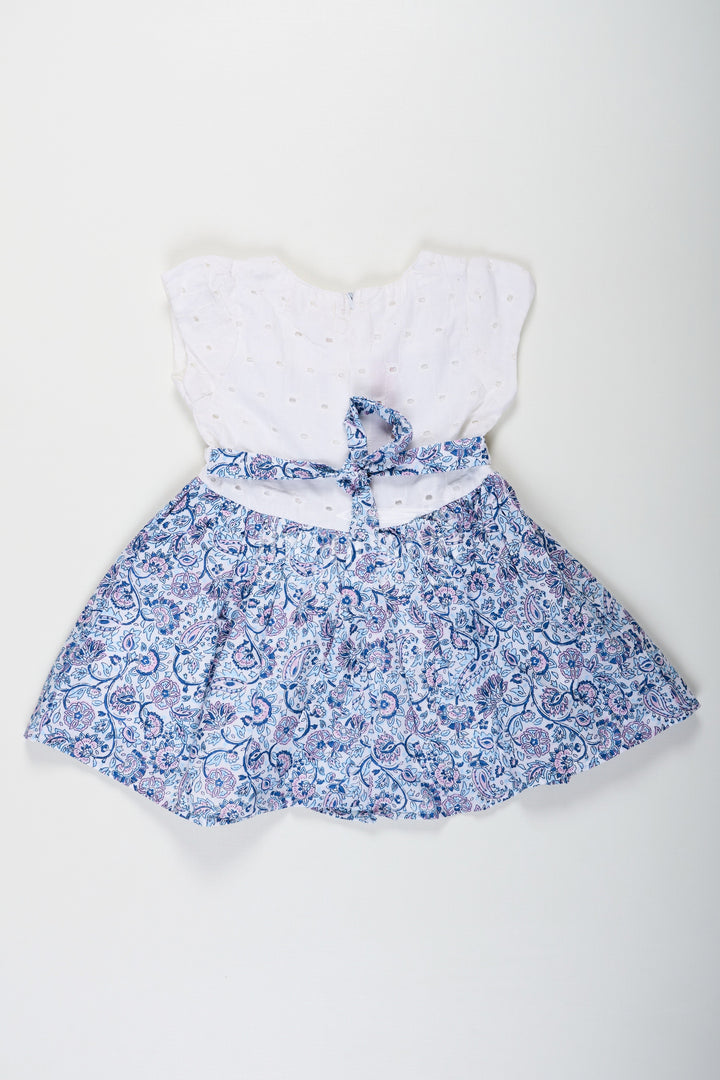 The Nesavu Baby Cotton Frocks Navy Blue Frock for Baby Girls with Hakoba Lace Yoke and Printed Cotton Flared Skirt Nesavu Navy Blue Frock Baby Girls Printed Cotton Skirt Hakoba Lace Yoke | The Nesavu