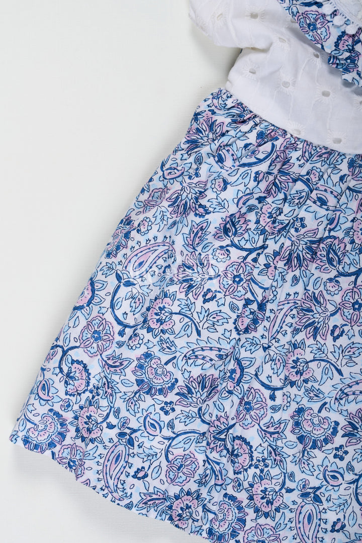 The Nesavu Baby Cotton Frocks Navy Blue Frock for Baby Girls with Hakoba Lace Yoke and Printed Cotton Flared Skirt Nesavu Navy Blue Frock Baby Girls Printed Cotton Skirt Hakoba Lace Yoke | The Nesavu