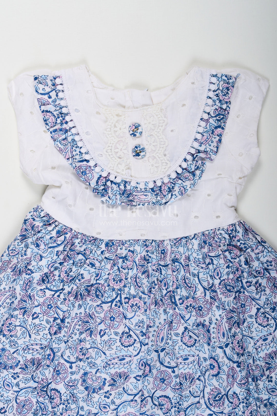 The Nesavu Baby Cotton Frocks Navy Blue Frock for Baby Girls with Hakoba Lace Yoke and Printed Cotton Flared Skirt Nesavu Navy Blue Frock Baby Girls Printed Cotton Skirt Hakoba Lace Yoke | The Nesavu