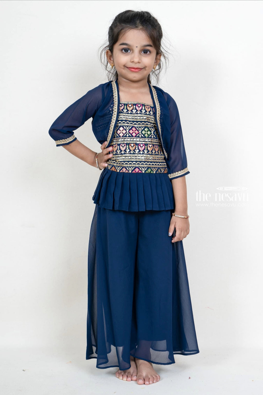 The Nesavu Girls Sharara / Plazo Set Navy Blue Girls Embroidery Festive Palazzo Suit With Crepe Overcoat Nesavu 18 (2Y) / Blue GPS098A-18 Shop Girls Pleated Dresses With Overcoat | Peplum Blouse Designs | The Nesavu