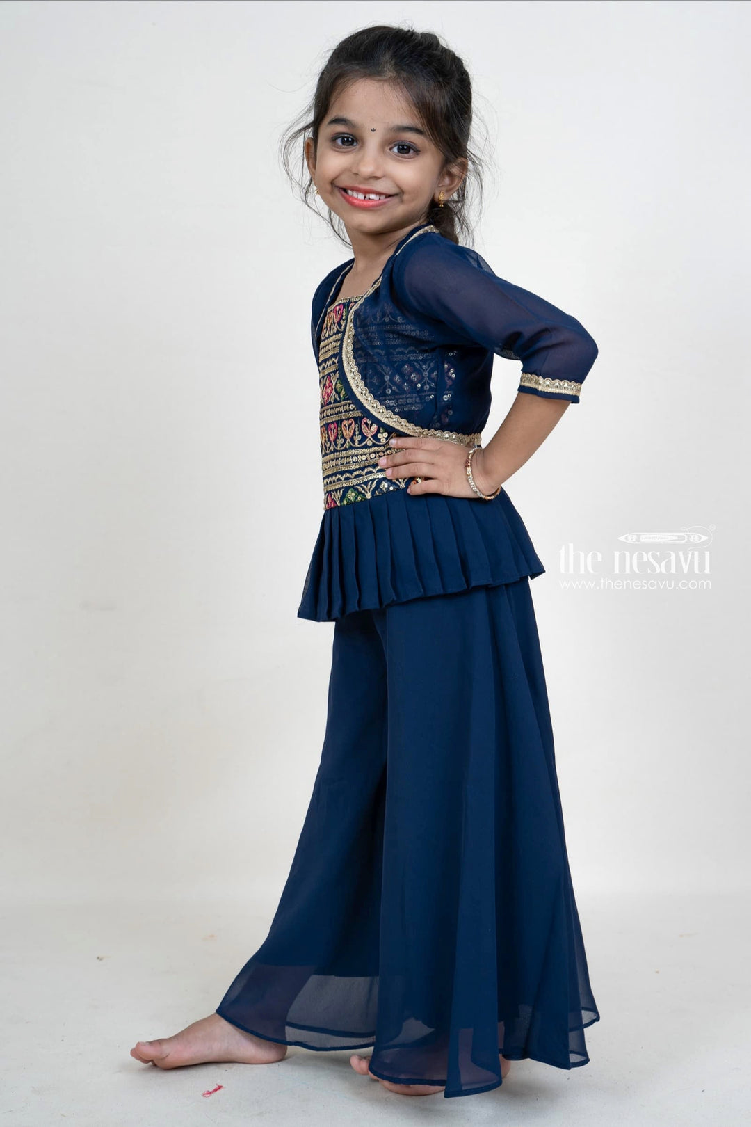 The Nesavu Girls Sharara / Plazo Set Navy Blue Girls Embroidery Festive Palazzo Suit With Crepe Overcoat Nesavu Shop Girls Pleated Dresses With Overcoat | Peplum Blouse Designs | The Nesavu