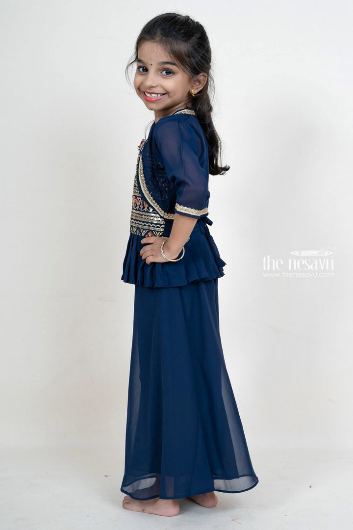 The Nesavu Girls Sharara / Plazo Set Navy Blue Girls Embroidery Festive Palazzo Suit With Crepe Overcoat Nesavu Shop Girls Pleated Dresses With Overcoat | Peplum Blouse Designs | The Nesavu