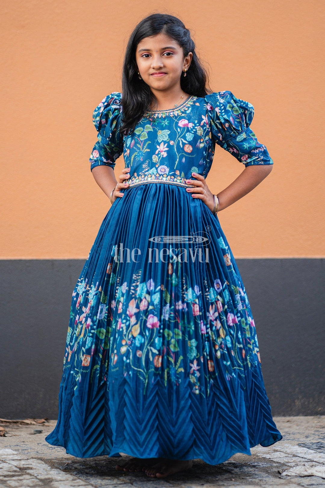 The Nesavu Girls Party Gown Navy Blue Girls Party Gown with Floral Embroidery and Puffed Sleeves for Formal Events Nesavu 24 (5Y) / Blue GA263A-24 Nesavu Navy Blue Girls Party Gown Floral Embroidery Puffed Sleeves Special Occasions