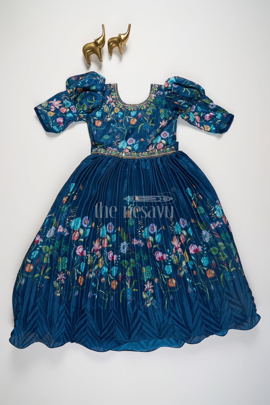 The Nesavu Girls Party Gown Navy Blue Girls Party Gown with Floral Embroidery and Puffed Sleeves for Formal Events Nesavu Nesavu Navy Blue Girls Party Gown Floral Embroidery Puffed Sleeves Special Occasions