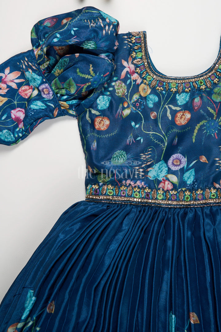 The Nesavu Girls Party Gown Navy Blue Girls Party Gown with Floral Embroidery and Puffed Sleeves for Formal Events Nesavu Nesavu Navy Blue Girls Party Gown Floral Embroidery Puffed Sleeves Special Occasions