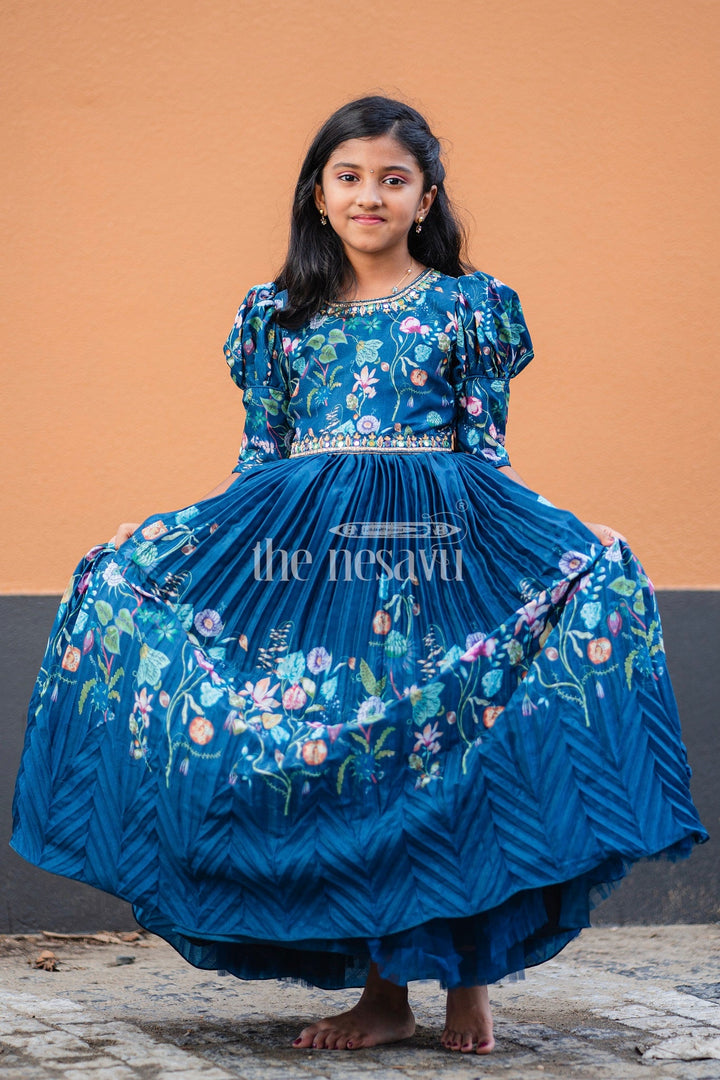 The Nesavu Girls Party Gown Navy Blue Girls Party Gown with Floral Embroidery and Puffed Sleeves for Formal Events Nesavu Nesavu Navy Blue Girls Party Gown Floral Embroidery Puffed Sleeves Special Occasions