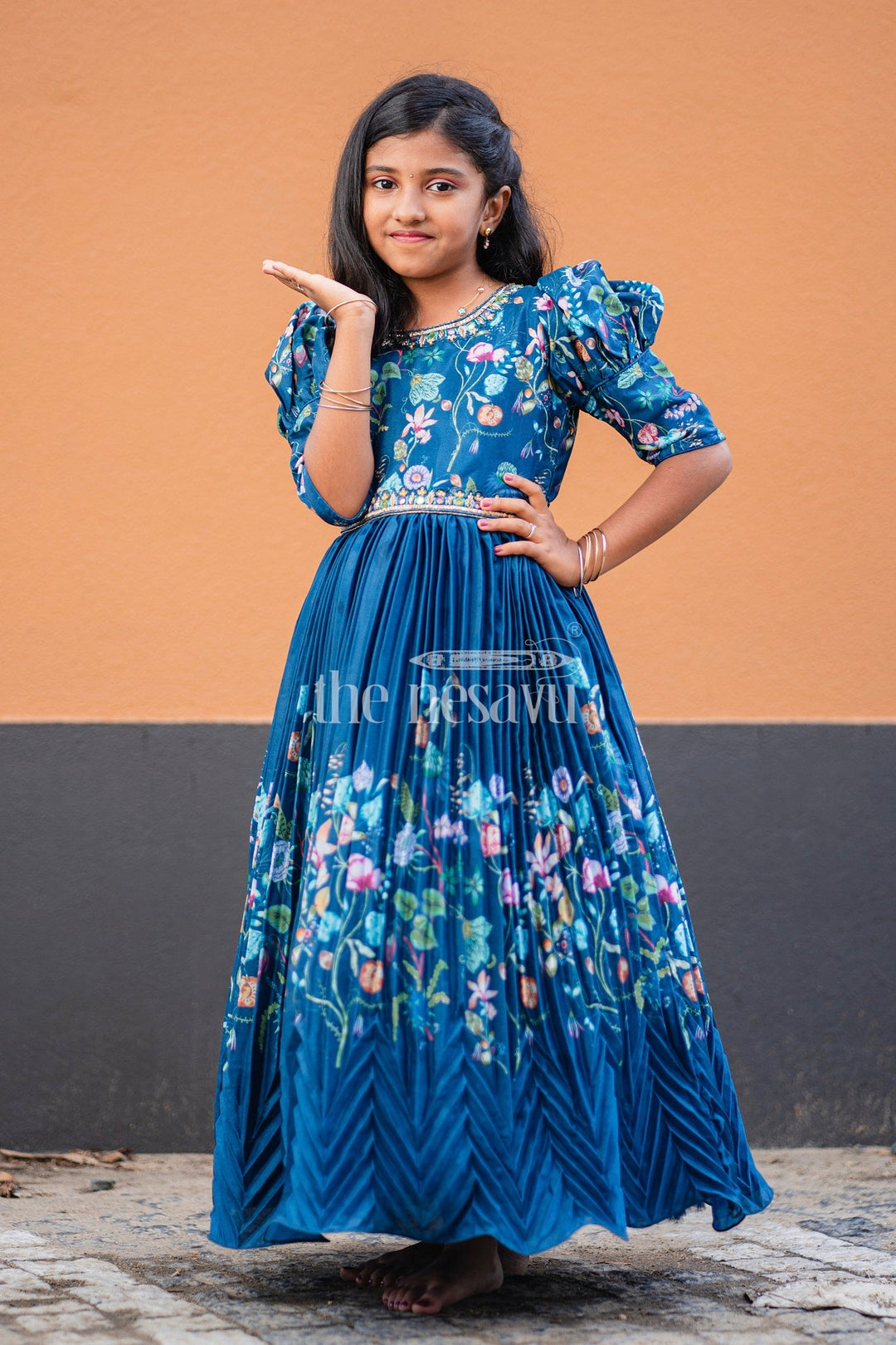 The Nesavu Girls Party Gown Navy Blue Girls Party Gown with Floral Embroidery and Puffed Sleeves for Formal Events Nesavu Nesavu Navy Blue Girls Party Gown Floral Embroidery Puffed Sleeves Special Occasions