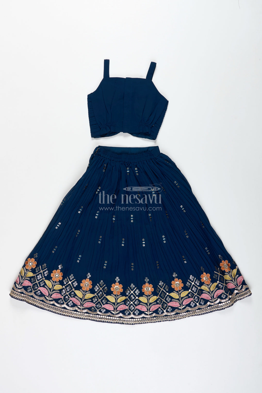The Nesavu Girls Lehenga Choli Navy Blue Lehenga Choli for Toddler Girl with Floral Embroidery Nesavu Nesavu Navy Blue Toddler Lehenga Choli Floral Embroidered Outfit Weddings Festivities