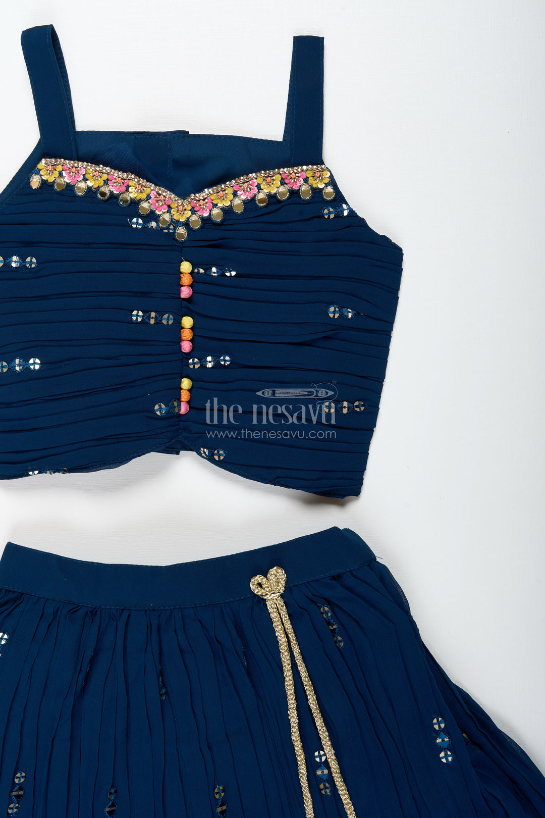 The Nesavu Girls Lehenga Choli Navy Blue Lehenga Choli for Toddler Girl with Floral Embroidery Nesavu Nesavu Navy Blue Toddler Lehenga Choli Floral Embroidered Outfit Weddings Festivities