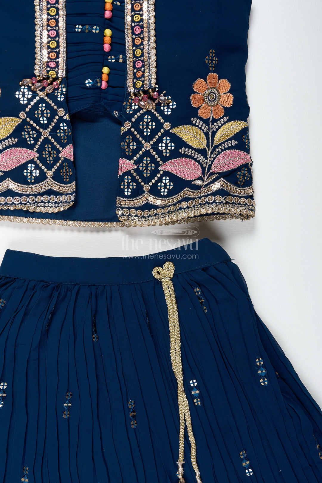 The Nesavu Girls Lehenga Choli Navy Blue Lehenga Choli for Toddler Girl with Floral Embroidery Nesavu Nesavu Navy Blue Toddler Lehenga Choli Floral Embroidered Outfit Weddings Festivities