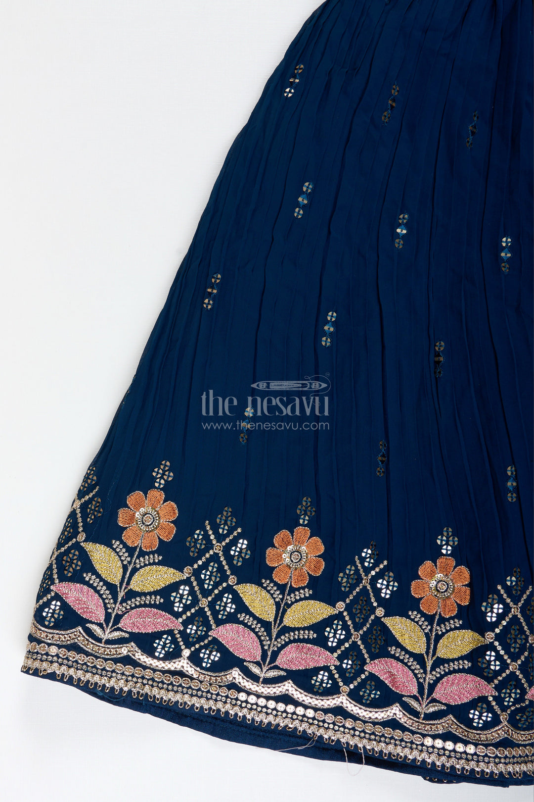 The Nesavu Girls Lehenga Choli Navy Blue Lehenga Choli for Toddler Girl with Floral Embroidery Nesavu Nesavu Navy Blue Toddler Lehenga Choli Floral Embroidered Outfit Weddings Festivities