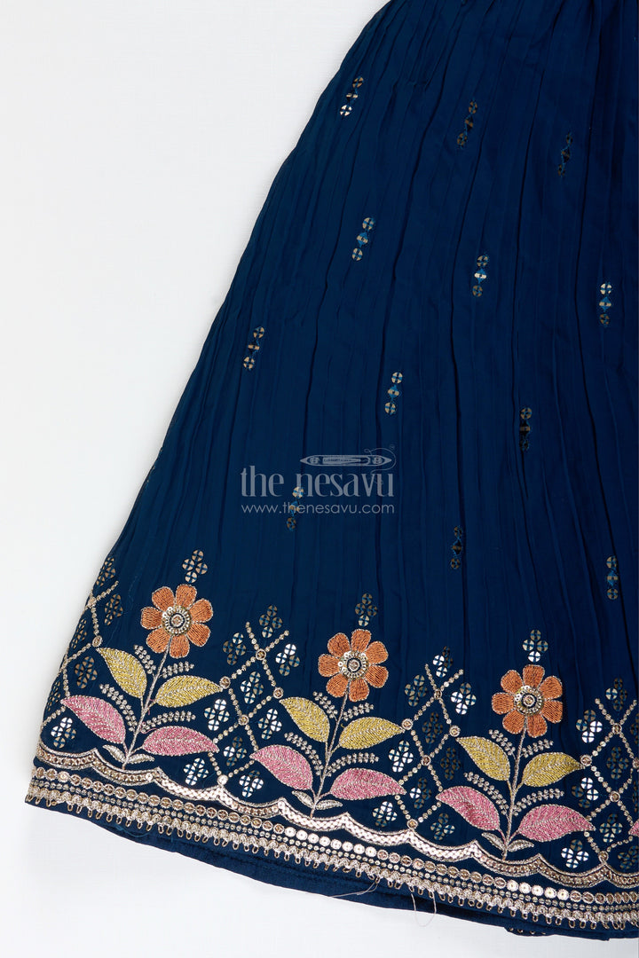 The Nesavu Girls Lehenga Choli Navy Blue Lehenga Choli for Toddler Girl with Floral Embroidery Nesavu Nesavu Navy Blue Toddler Lehenga Choli Floral Embroidered Outfit Weddings Festivities
