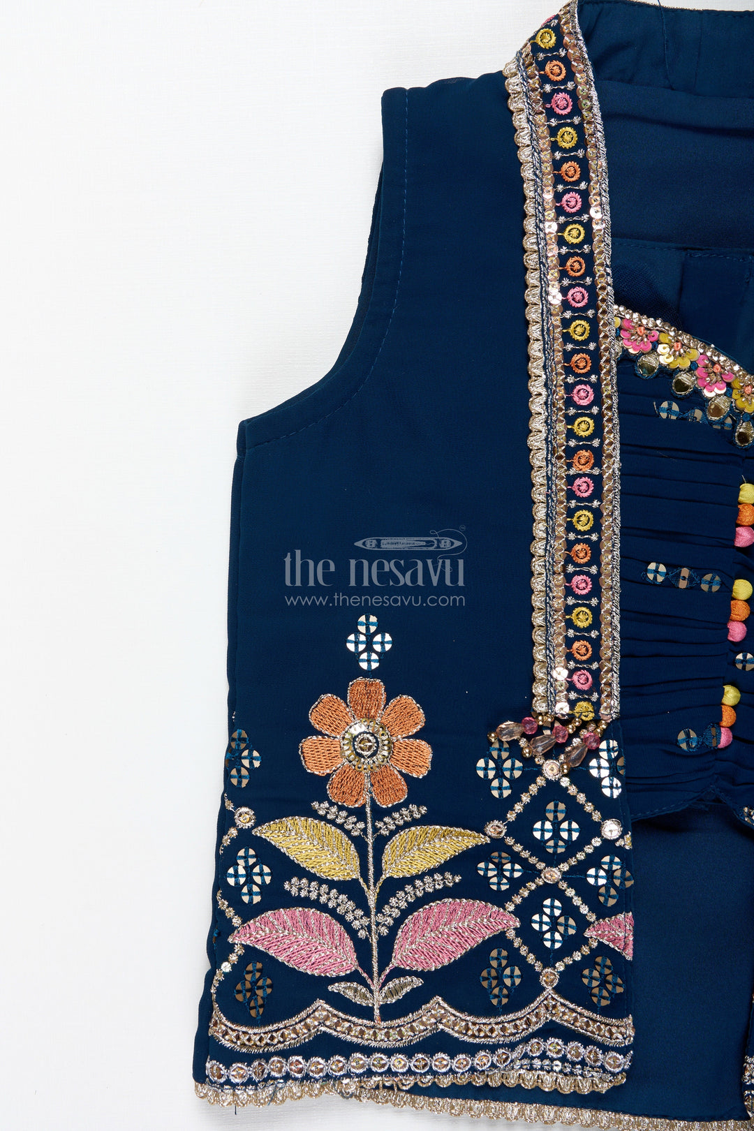 The Nesavu Girls Lehenga Choli Navy Blue Lehenga Choli for Toddler Girl with Floral Embroidery Nesavu Nesavu Navy Blue Toddler Lehenga Choli Floral Embroidered Outfit Weddings Festivities