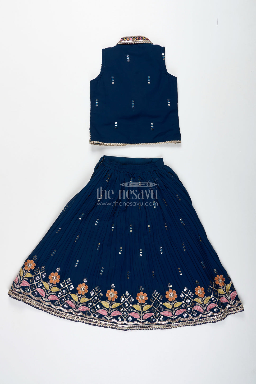 The Nesavu Girls Lehenga Choli Navy Blue Lehenga Choli for Toddler Girl with Floral Embroidery Nesavu Nesavu Navy Blue Toddler Lehenga Choli Floral Embroidered Outfit Weddings Festivities