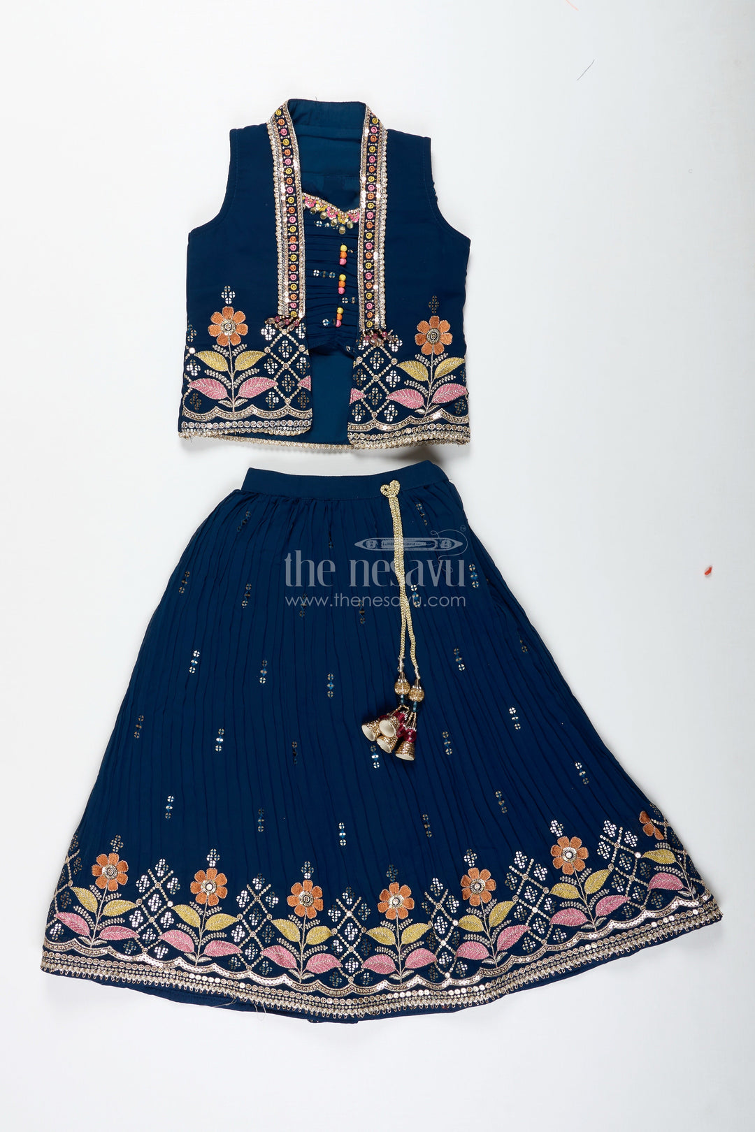 The Nesavu Girls Lehenga Choli Navy Blue Lehenga Choli for Toddler Girl with Floral Embroidery Nesavu Nesavu Navy Blue Toddler Lehenga Choli Floral Embroidered Outfit Weddings Festivities