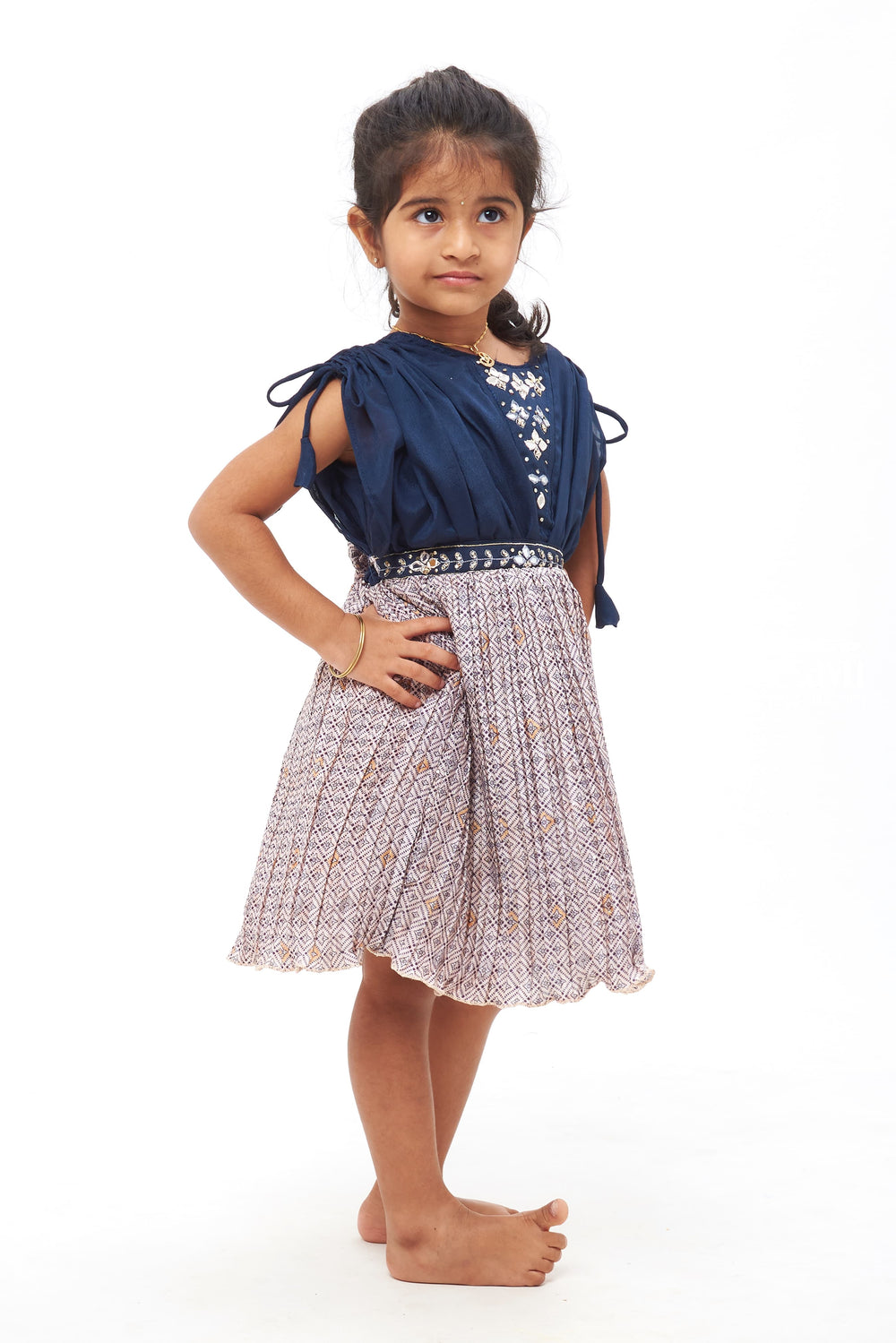 The Nesavu Girls Fancy Party Frock Navy Blue Mirror Embroidered Geometrical Print with Poncho Sleeves Party Frock Nesavu Mirror Embroidered Frock | Geometrical Print with Poncho Sleeves for Girls | The Nesavu