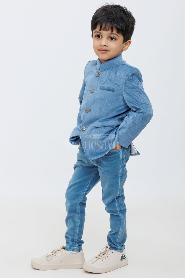 The Nesavu Boys Kurtha Set Navy Blue Textured Boys Blended Velvet Jacket Set with T-Shirt and Pants Nesavu 14 (6M) / Blue BES539A-14 Navy Blue Boys Velvet Jacket Set T-Shirt Pants Semi-Formal Events