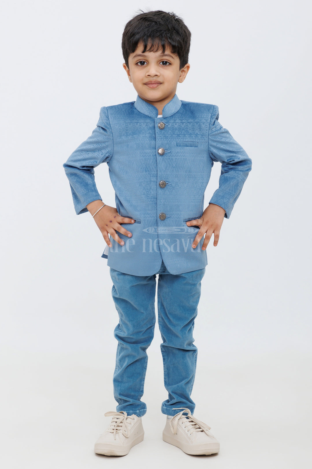 The Nesavu Boys Kurtha Set Navy Blue Textured Boys Blended Velvet Jacket Set with T-Shirt and Pants Nesavu Navy Blue Boys Velvet Jacket Set T-Shirt Pants Semi-Formal Events