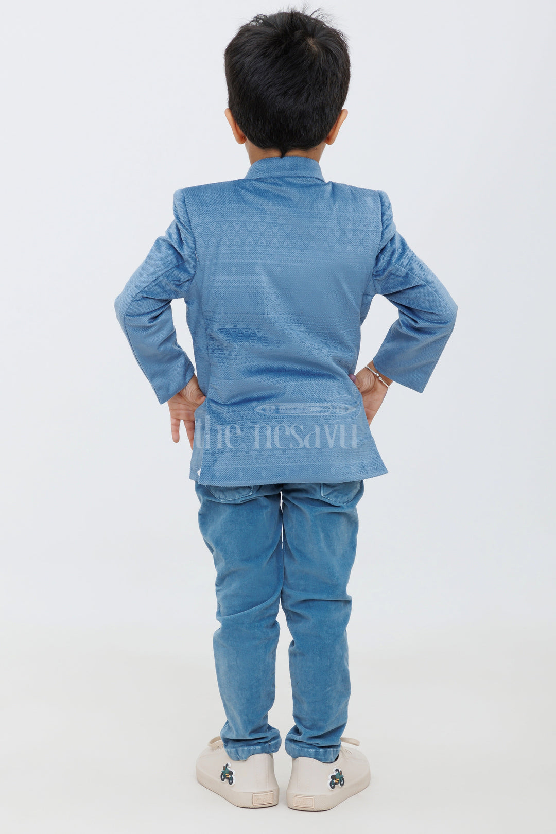 The Nesavu Boys Kurtha Set Navy Blue Textured Boys Blended Velvet Jacket Set with T-Shirt and Pants Nesavu Navy Blue Boys Velvet Jacket Set T-Shirt Pants Semi-Formal Events