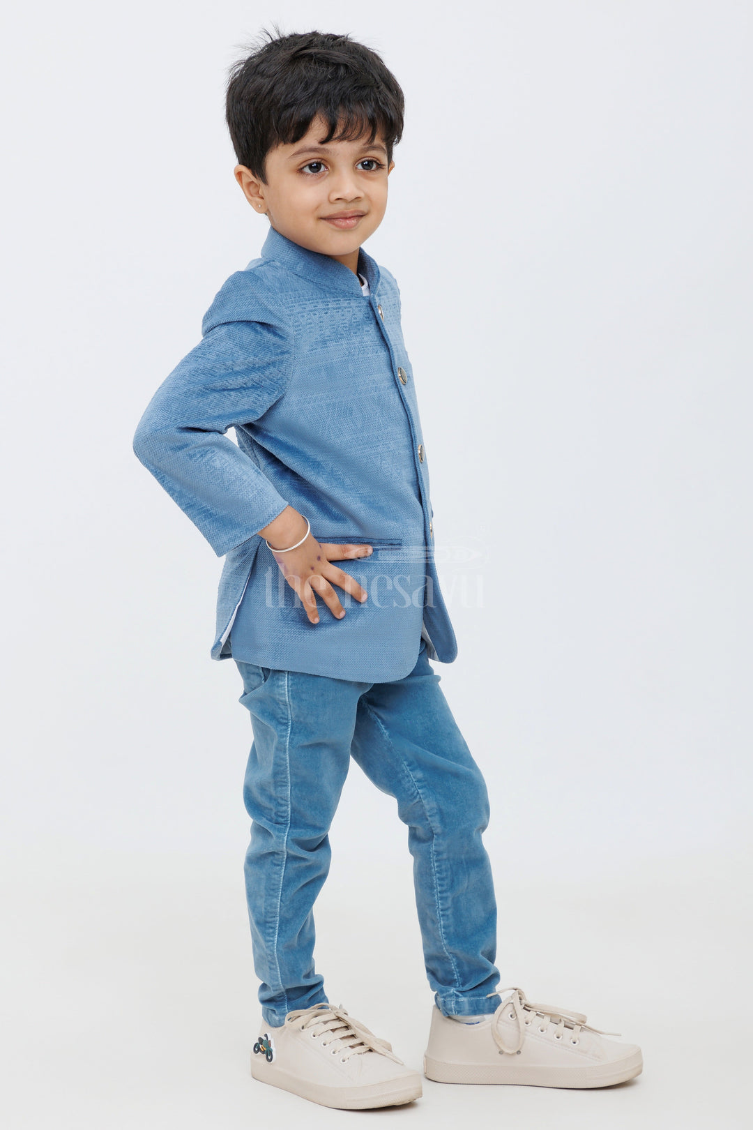 The Nesavu Boys Kurtha Set Navy Blue Textured Boys Blended Velvet Jacket Set with T-Shirt and Pants Nesavu Navy Blue Boys Velvet Jacket Set T-Shirt Pants Semi-Formal Events