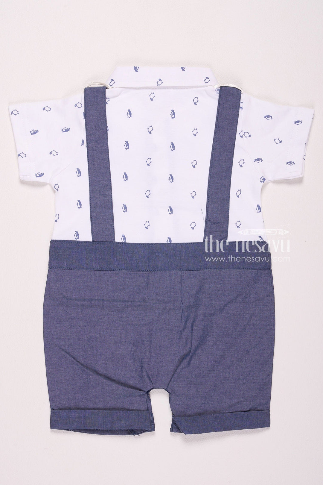 The Nesavu Baby Rompers/Onesies Navy Bow Tie Suspender Baby Boy Romper Nesavu Navy Bow Tie Suspender Baby Boy Romper - Elegant & Stylish