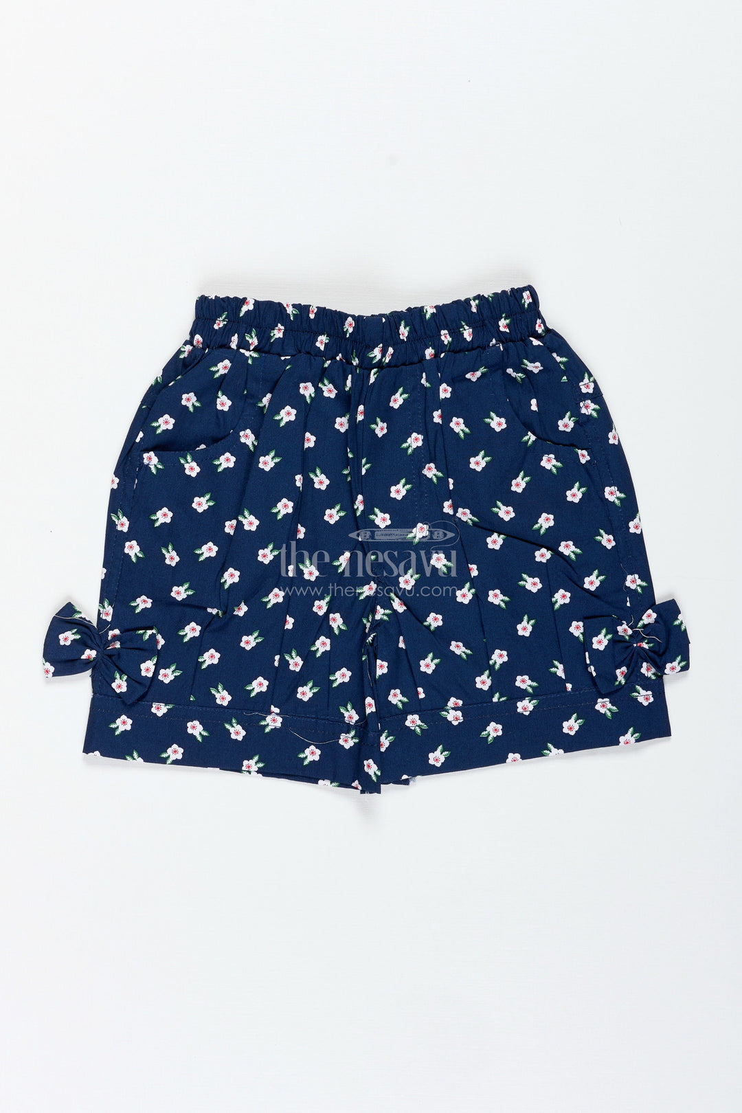 The Nesavu Girls Shorts Navy Cotton Shorts for Girls with Floral Print and Bows Nesavu 22 (4Y) / Blue LBW049A-22 Nesavu Navy Blue Cotton Floral Shorts Girls Elastic Fit Cute Side Bows