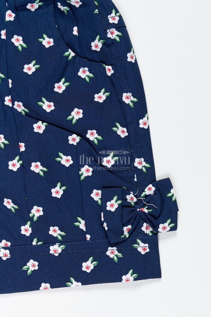 The Nesavu Girls Shorts Navy Cotton Shorts for Girls with Floral Print and Bows Nesavu Nesavu Navy Blue Cotton Floral Shorts Girls Elastic Fit Cute Side Bows