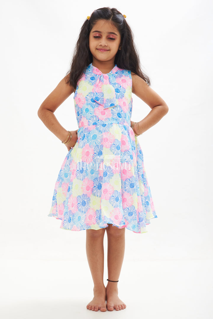 The Nesavu Girls Cotton Frock Neon Floral Sleeveless Frock for Girls in Blue and Yellow Nesavu 16 (1Y) / Pink GFC1345B-16 Blue and Yellow Neon Floral Sleeveless Frock for Girls