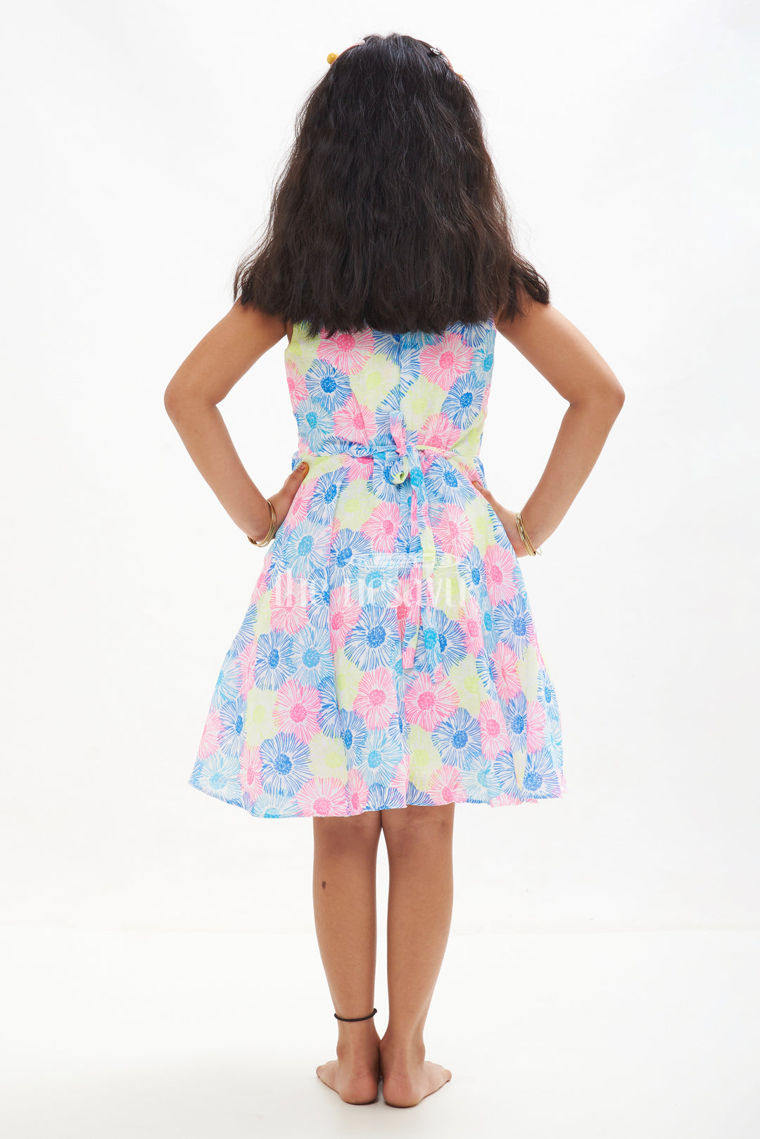 The Nesavu Girls Cotton Frock Neon Floral Sleeveless Frock for Girls in Blue and Yellow Nesavu Blue and Yellow Neon Floral Sleeveless Frock for Girls