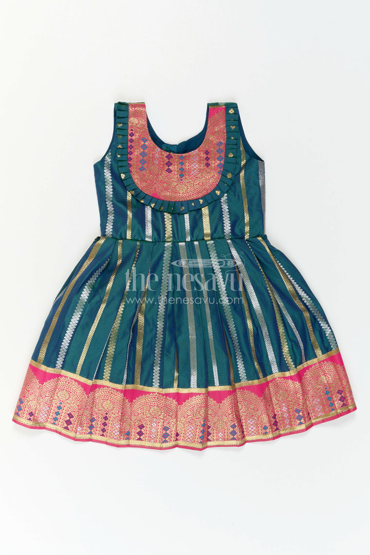 The Nesavu Girls Kanchi Silk Frock Nesavu Baby Girl Kanchi Silk Frock with Woven Stripes and Big Border for Festive Weddings Nesavu 16 (1Y) / Green / Style 4 KSF046AD-16 Nesavu Baby Girl Kanchi Silk Frock With Woven Stripes And Big Border For Festive Weddings