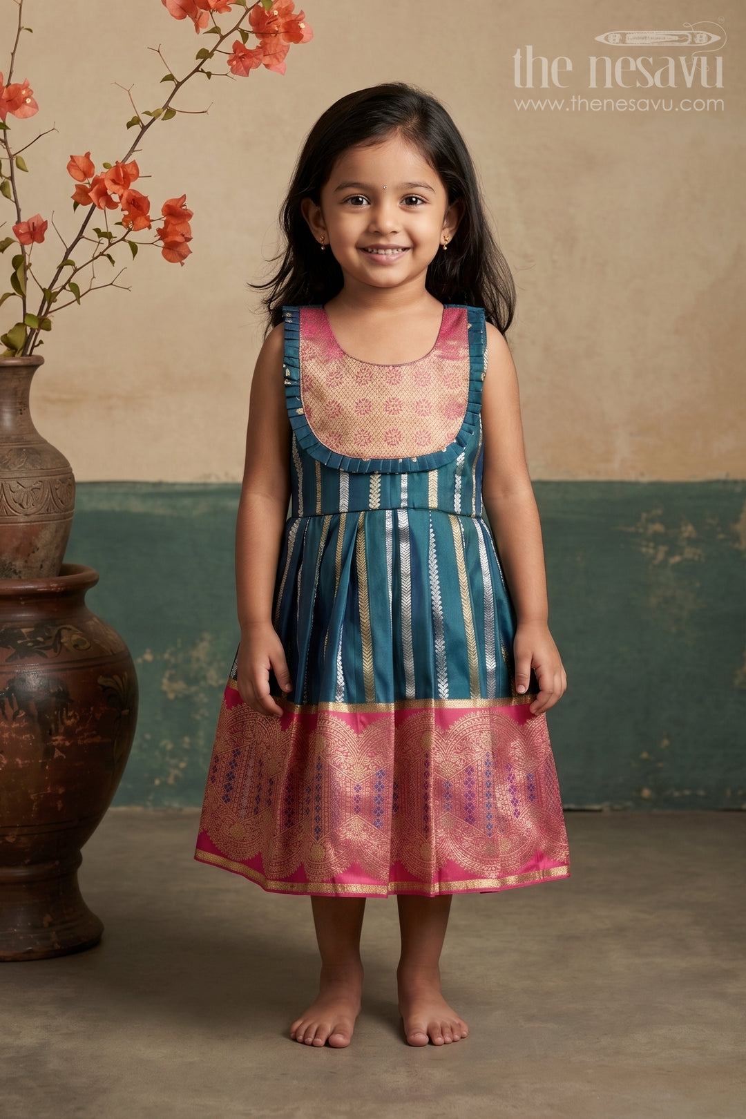 The Nesavu Girls Kanchi Silk Frock Nesavu Baby Girl Kanchi Silk Frock with Woven Stripes and Big Border for Festive Weddings Nesavu 20 (3Y) / Green / Style 1 KSF046AA-20 Nesavu Baby Girl Kanchi Silk Frock With Woven Stripes And Big Border For Festive Weddings