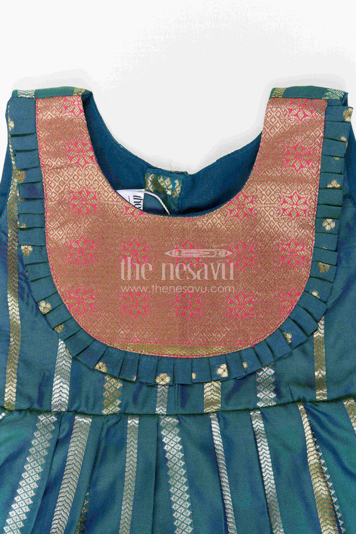 The Nesavu Girls Kanchi Silk Frock Nesavu Baby Girl Kanchi Silk Frock with Woven Stripes and Big Border for Festive Weddings Nesavu Nesavu Baby Girl Kanchi Silk Frock With Woven Stripes And Big Border For Festive Weddings
