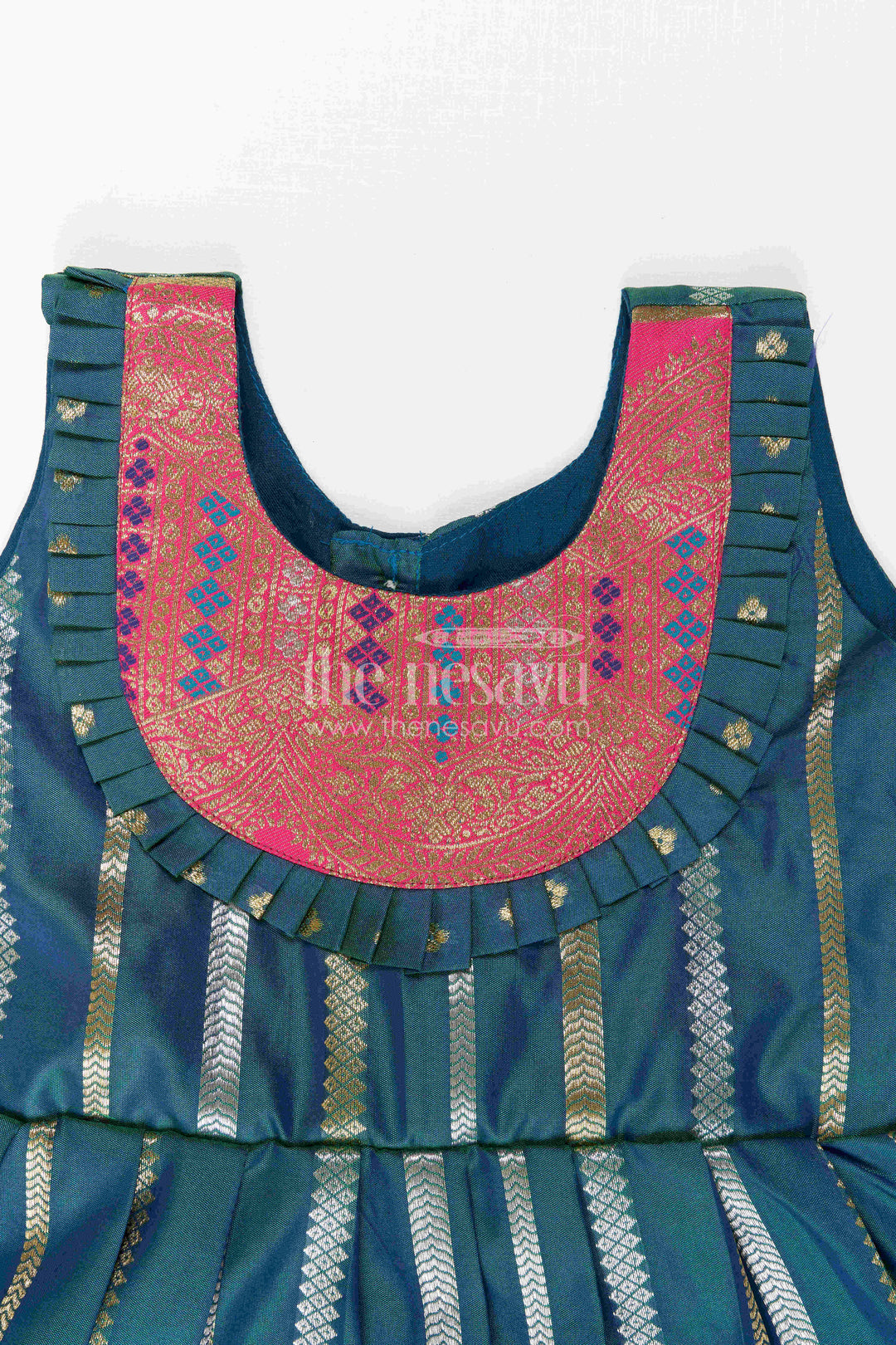 The Nesavu Girls Kanchi Silk Frock Nesavu Baby Girl Kanchi Silk Frock with Woven Stripes and Big Border for Festive Weddings Nesavu Nesavu Baby Girl Kanchi Silk Frock With Woven Stripes And Big Border For Festive Weddings