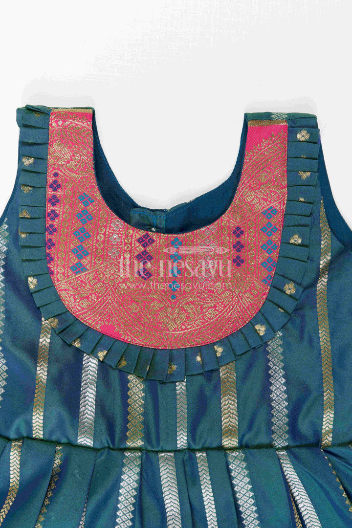 The Nesavu Girls Kanchi Silk Frock Nesavu Baby Girl Kanchi Silk Frock with Woven Stripes and Big Border for Festive Weddings Nesavu Nesavu Baby Girl Kanchi Silk Frock With Woven Stripes And Big Border For Festive Weddings