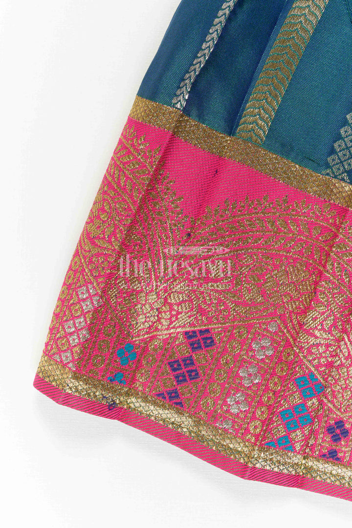 The Nesavu Girls Kanchi Silk Frock Nesavu Baby Girl Kanchi Silk Frock with Woven Stripes and Big Border for Festive Weddings Nesavu Nesavu Baby Girl Kanchi Silk Frock With Woven Stripes And Big Border For Festive Weddings